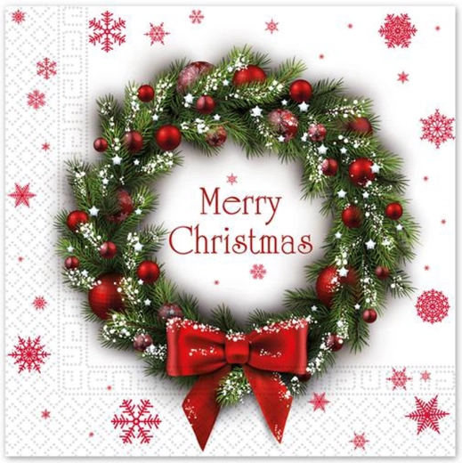 Juleservietter i papir 33 × 33 cm, 3-lags, kransmotiv, 20 stk.