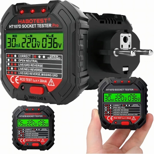 Stikkontakttester med spænding, LCD og RCD-test HABOTEST HT107D