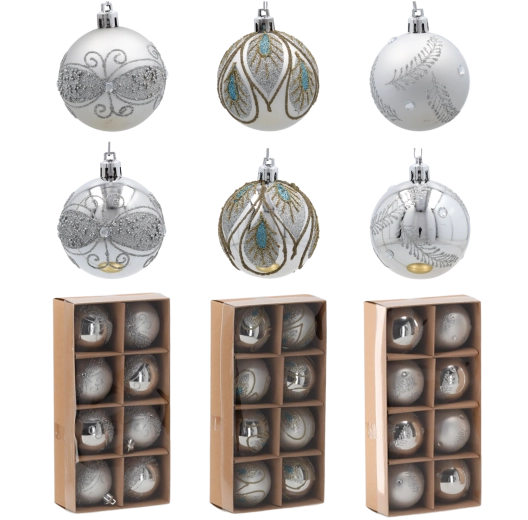 Sæt med sølvfarvede julekugler 6 cm – uknuselige pynt til juletræet, 8 stk.