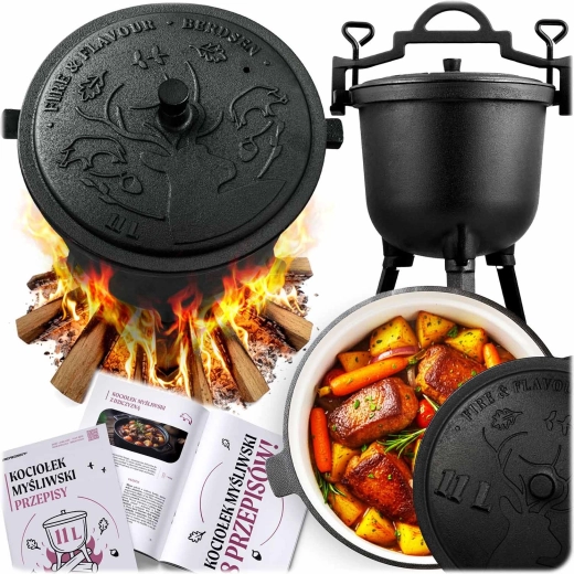 Emaljeret støbejernsgryde til bål 11 l med låg og trefod