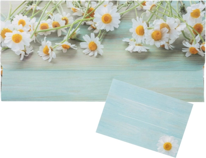 Papirkuvert med kamillemotiv og medfølgende indsatskort