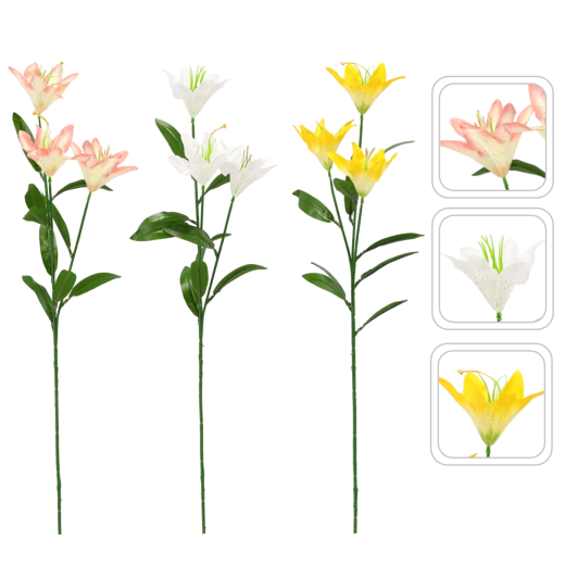 Kunstig liljegren med tre blomster 64 cm, mix af farver