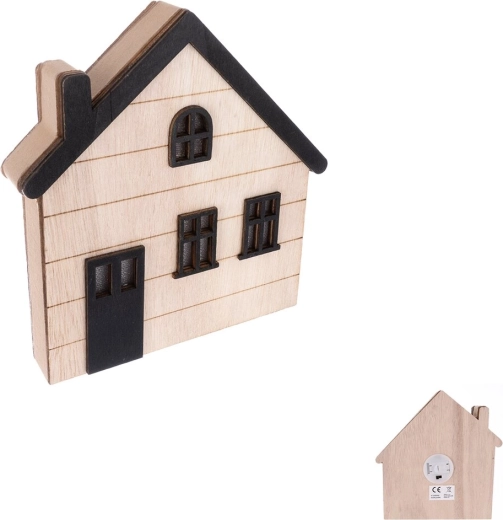 Træ dekorativt hus beige-sort 15 × 3 × 15 cm