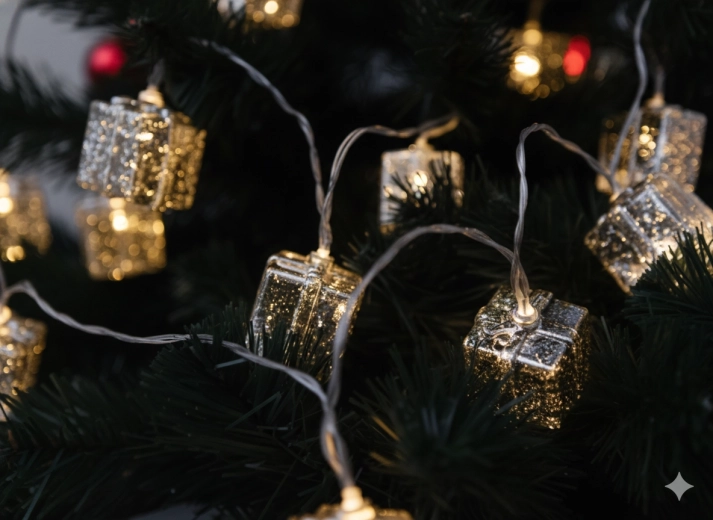 LED-lyskæde med sølvfarvede gaver, varm hvid, 10 LED