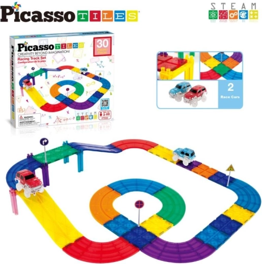 PicassoTiles magnetisk byggesæt – racerbane med biler (30 dele)