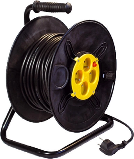 Oprulbar forlængerledning 25 m, 4 stik, 3×1,5 mm², sort/gul