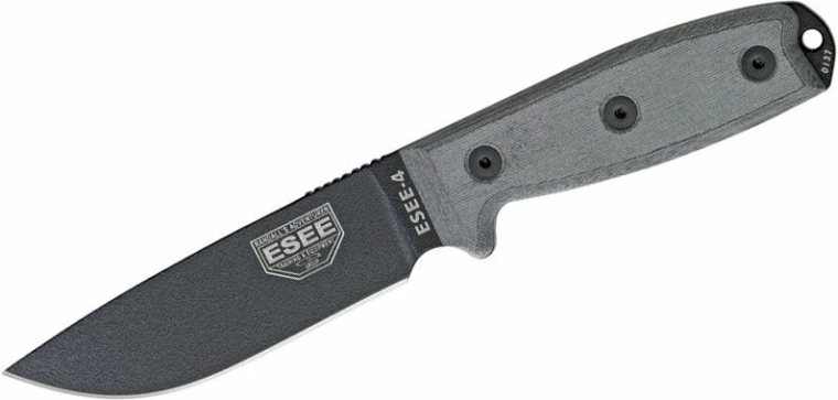 Universalkniv ESEE 4 med klinge 11,4 cm, Micarta, sort/grå, MOLLE-skede