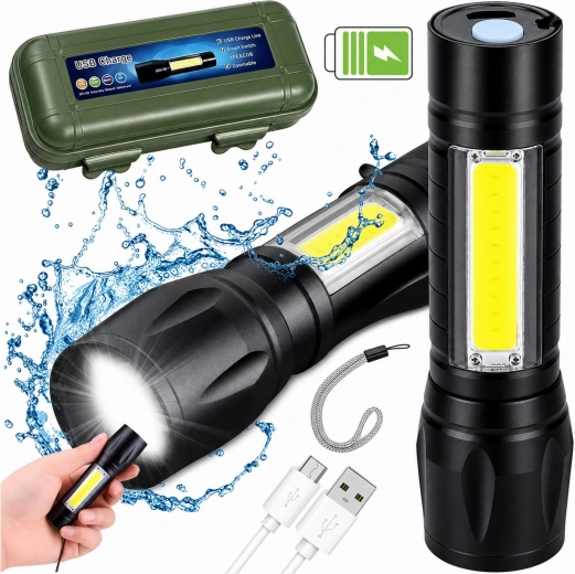 Taktisk LED-lommelygte med COB, USB-opladning, zoom og etui