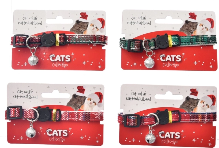 Julehalsbånd til kat af polyester med klokke (mix af varianter)