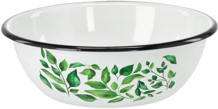 Emaljeskål 1,5 l, diameter 20 cm – hvid med fikusmotiv