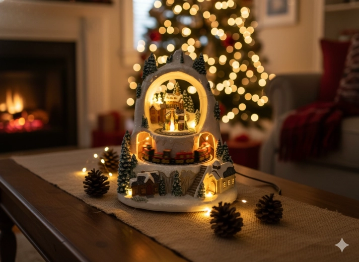 Jule-LED vinterlandsby med tog, spilledåse 23 × 23 × 25,5 cm