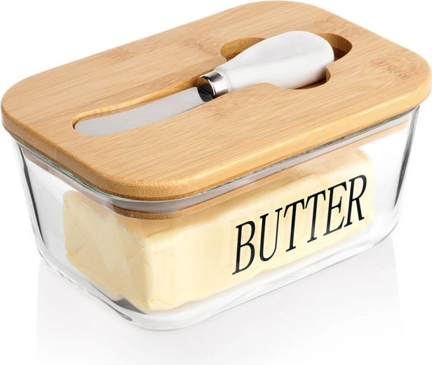 Glasmargarineboks med bambuslåg og smørkniv