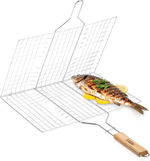Vilde dobbeltsidet grillrist med træhåndtag 40 × 30 cm