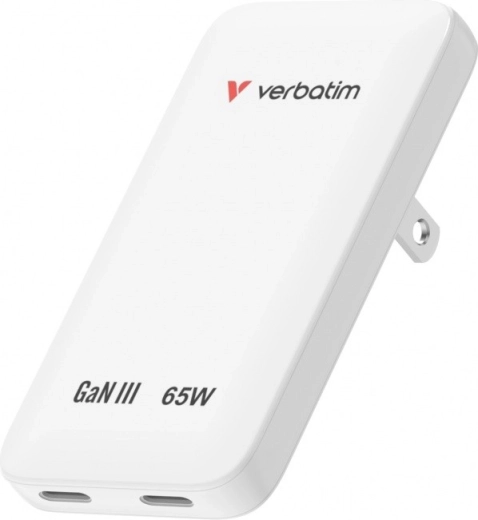 Verbatim Essentials slim GaN-oplader 65 W, 2× USB-C, hvid (US/UK/EU)