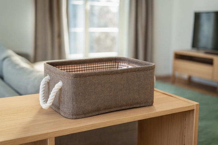 Tekstil opbevaringskurv med rebhåndtag 26 × 36 × 16 cm brun