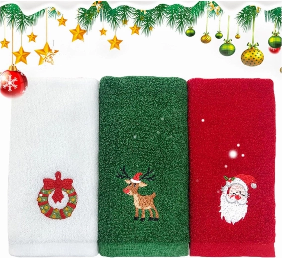 Sæt julehåndklæder i bomuld med motiv af Sankt Nikolaus og et rensdyr, 32 × 45 cm - 1 stk.