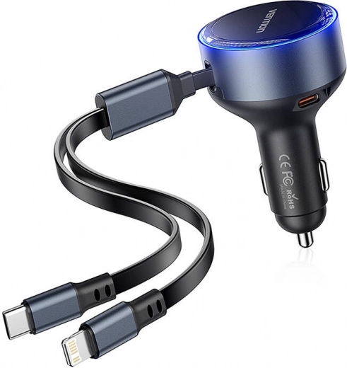 Vention biloplader med USB-C-port og integrerede USB‑C/Lightning-kabler 60 W