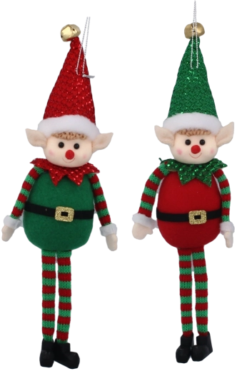 Juleophæng med alf i filt med glimmer 10 × 28 cm, rød‑grøn, sæt med 6 stk.