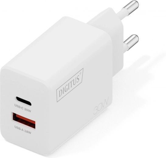 Vægmonteret USB GaN oplader 30 W, 1× USB‑C og 1× USB‑A, hvid