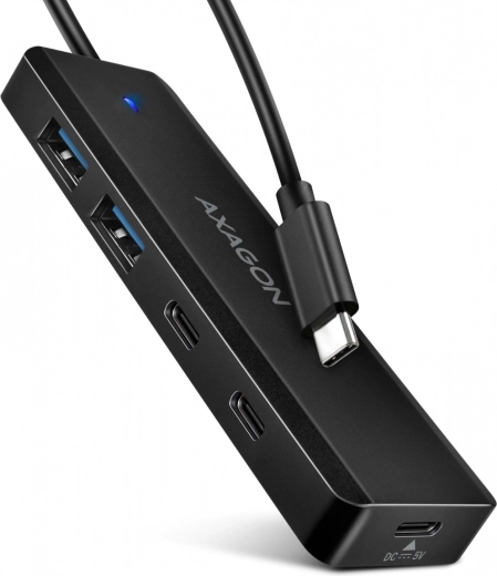 Rejse USB‑C hub AXAGON 4‑ports 5Gbps (2× USB‑A, 2× USB‑C) med USB‑C strømforsyning og 19 cm kabel
