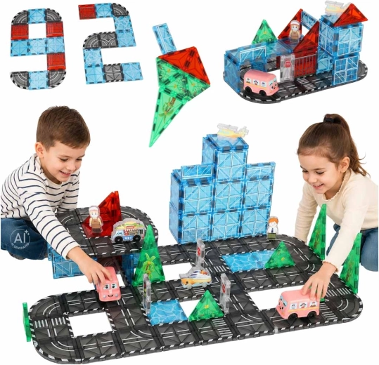 Magnetiske konstruktionsklodser – 3D-by med biler – 91 dele