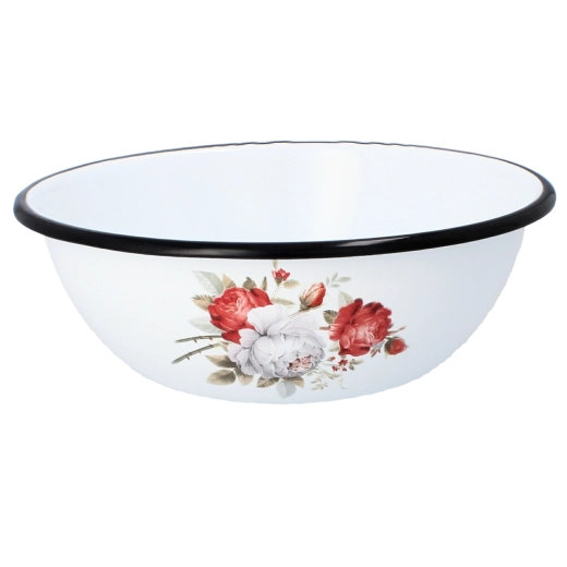 Emaljeskål 1,5 l, diameter 20 cm, motiv hvid rose