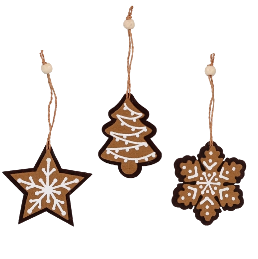 Julepynt af filt – honningkagefigurer 6 × 7,5 cm, sæt med 12 stk.