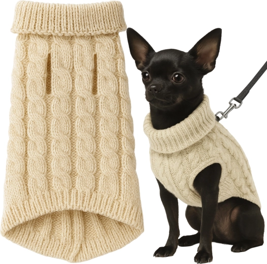 Varm strikket vintertrøje til hund og kat PURLOV, beige, størrelse S