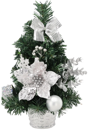 Sølvfarvet juletræ 30 cm i potte med pynt