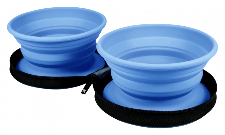 KIWI WALKER rejsemadskål med dobbelt skål til hunde og katte – blå, 2 stk.