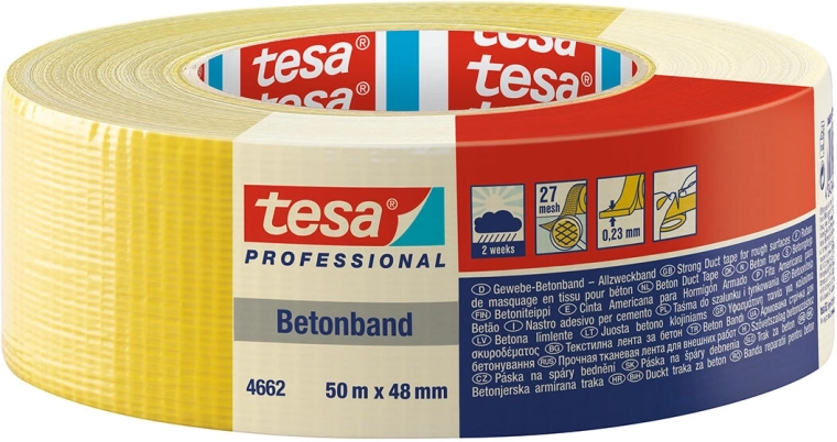 Tekstil gaffatape TESA Betonband 48 mm × 50 m gul, ekstra klæbende, UV‑bestandig i 2 uger