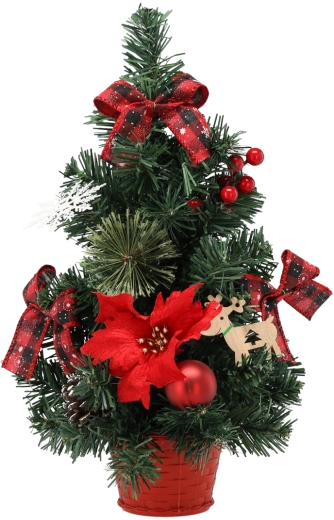 Kunstig julegran 40 cm i rød urtepotte med julestjerner