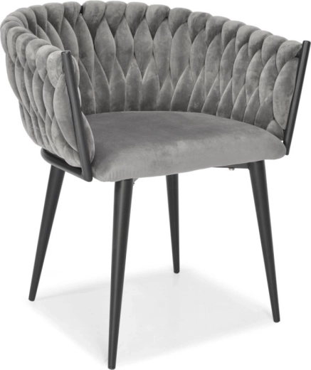 Polstret fløjlsstol til spisestue og stue, grå velour, sorte metalben