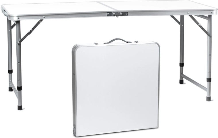 Sammenklappeligt campingbord med håndtag og justerbar højde 120 × 60 cm, hvidt