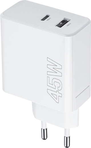 Maxlife 45W vægoplader med USB‑C PD og USB QC, hvid