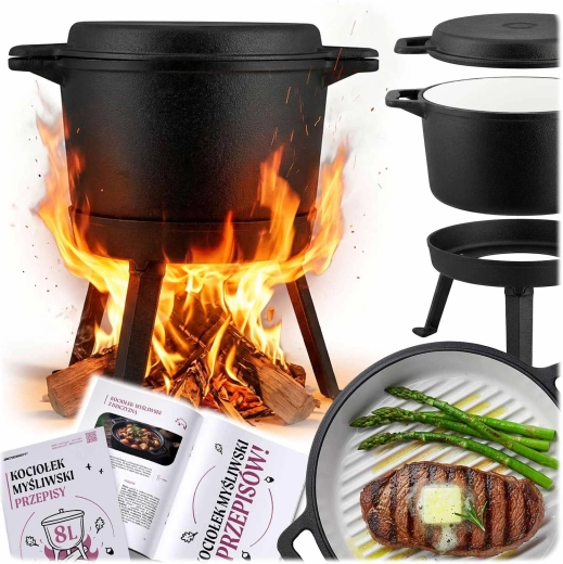 Emaljeret støbejernsgryde 8 l med stativ og grillpande-låg