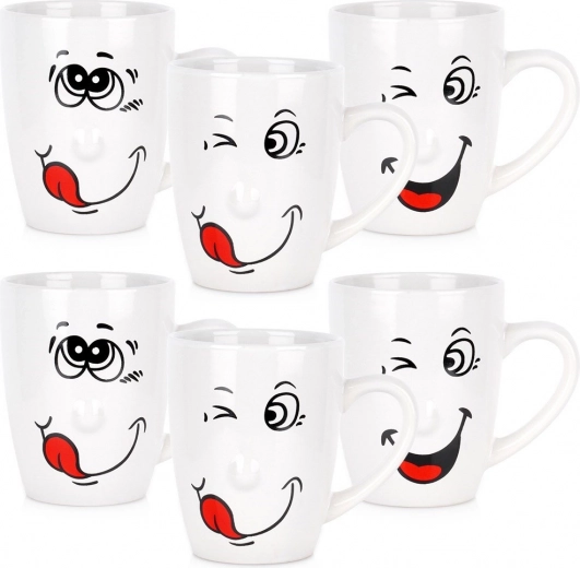 Sæt keramikkrus med sjove ansigter 350 ml, 6 stk.