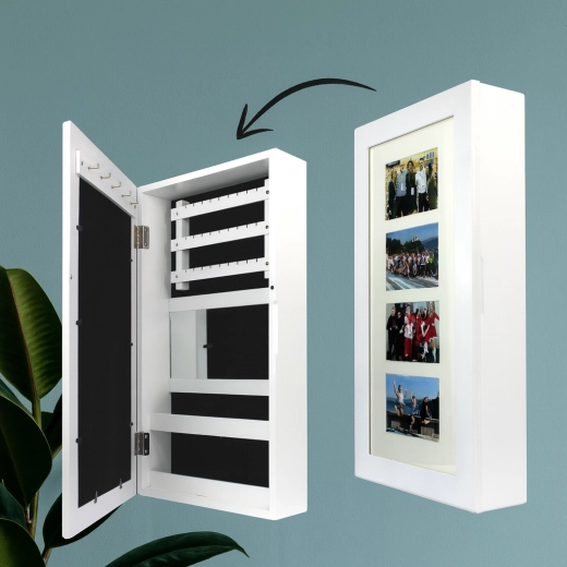 Vægmonteret hvid smykkeboks med spejl 31 × 10 × 56 cm