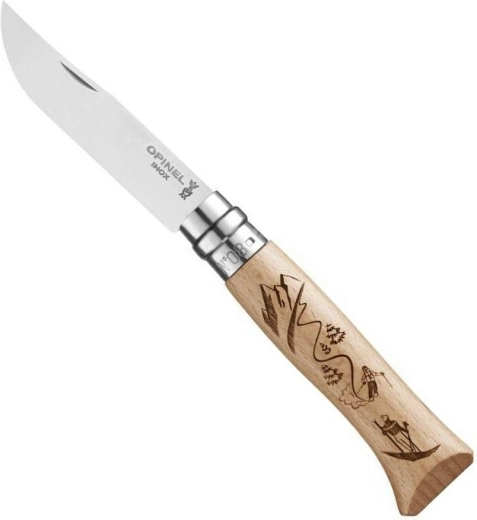 Opinel N°08 lommekniv med gravering Ski, bøgetræ, 8,5 cm