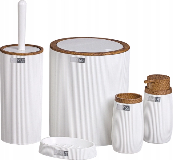 Rundt badesæt 5 dele hvid med træimitation