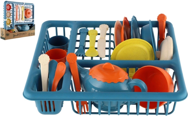 Børnesæt med service og opvaskestativ – plastiklegesæt