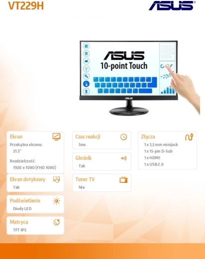 Skærm 21,5 tommer FHD IPS Touch 10P HDMI D-SUB USB Højttaler