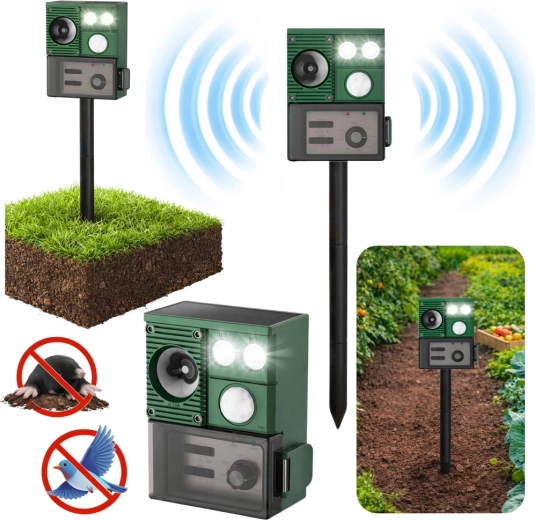 Solcelledrevet ultralydsdyrafskrækkelse med PIR-sensor og LED