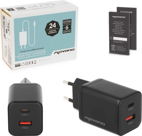 Movano GaN 45 W netoplader USB-C PD + USB-A sort