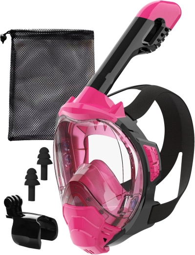 Helansigts snorkelmaske S/M pink med DryTop og GoPro-holder - 1 stk.