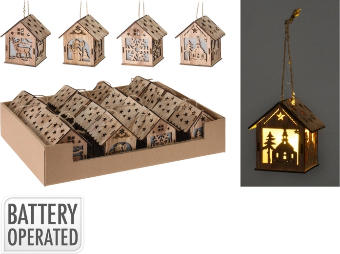 Hængende trædekoration hus med LED, 9 cm