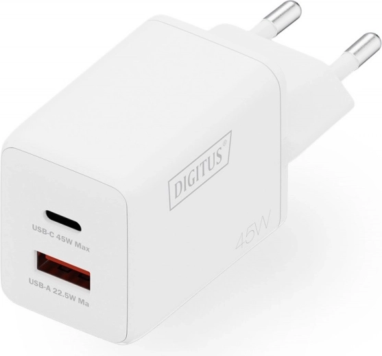 Vægoplader GaN II 45 W, 1× USB‑C og 1× USB‑A, PD 3.0 og QC 3.0, hvid