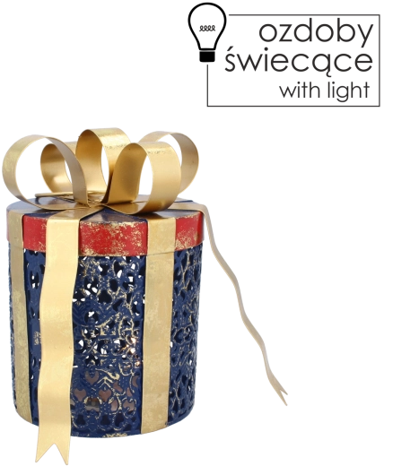 Metallisk juledekoration gave med LED-belysning, blå med gylden sløjfe