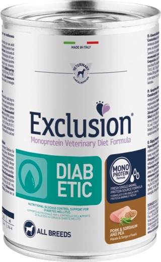 Exclusion Diabetic dåsemad til hunde med svinekød, durra og ærter 400 g