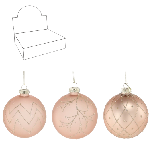 Sæt med glaskugler til jul 8 cm i beige, mix af mønstre (12 stk)